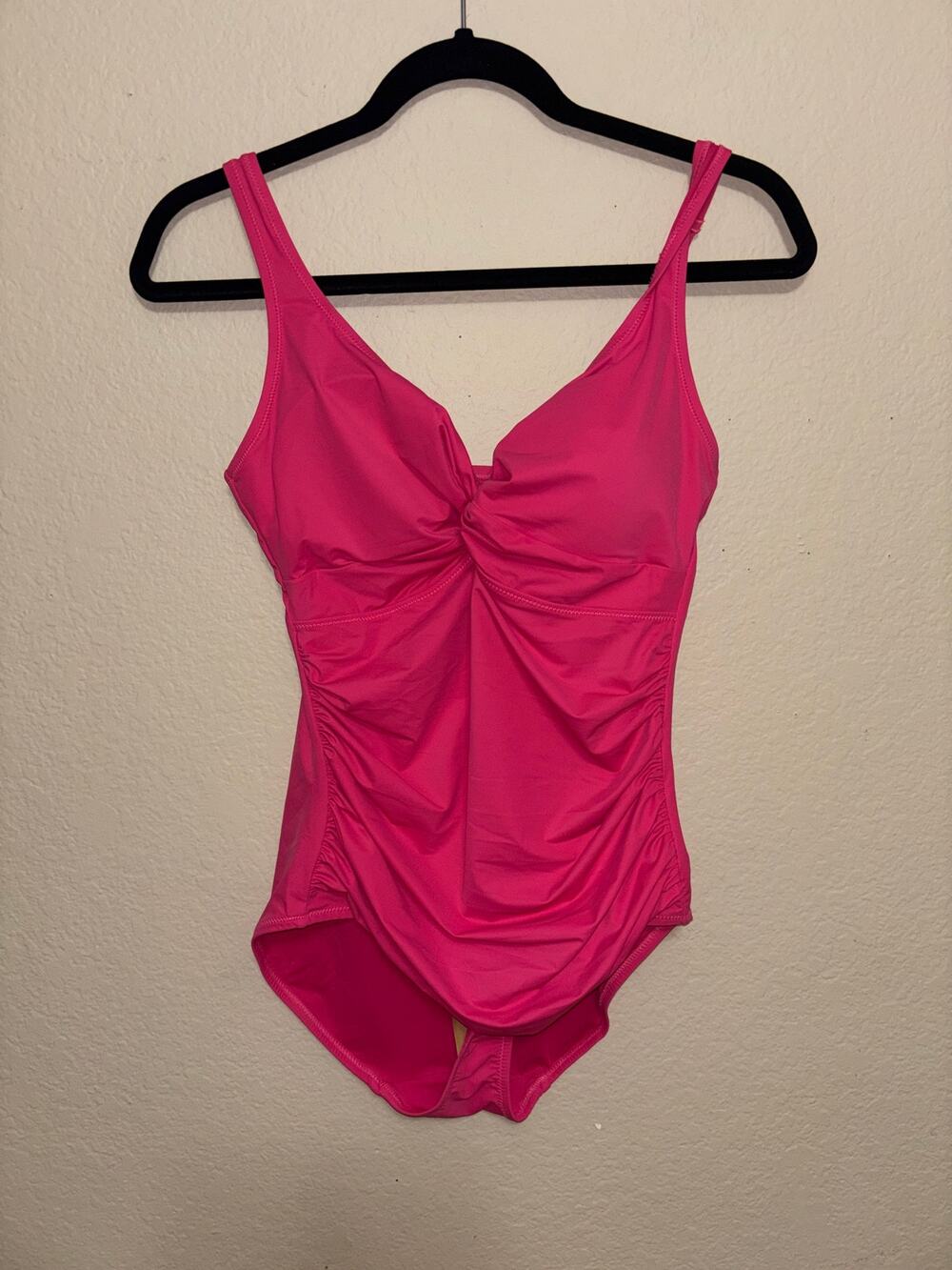 Popilush hot pink twist-front ruched sculpting one-piece swimsuit